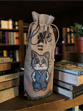 Natural Burlap Cat wine Bag - hand drawn Gray Cat Design. One-of-a-kind